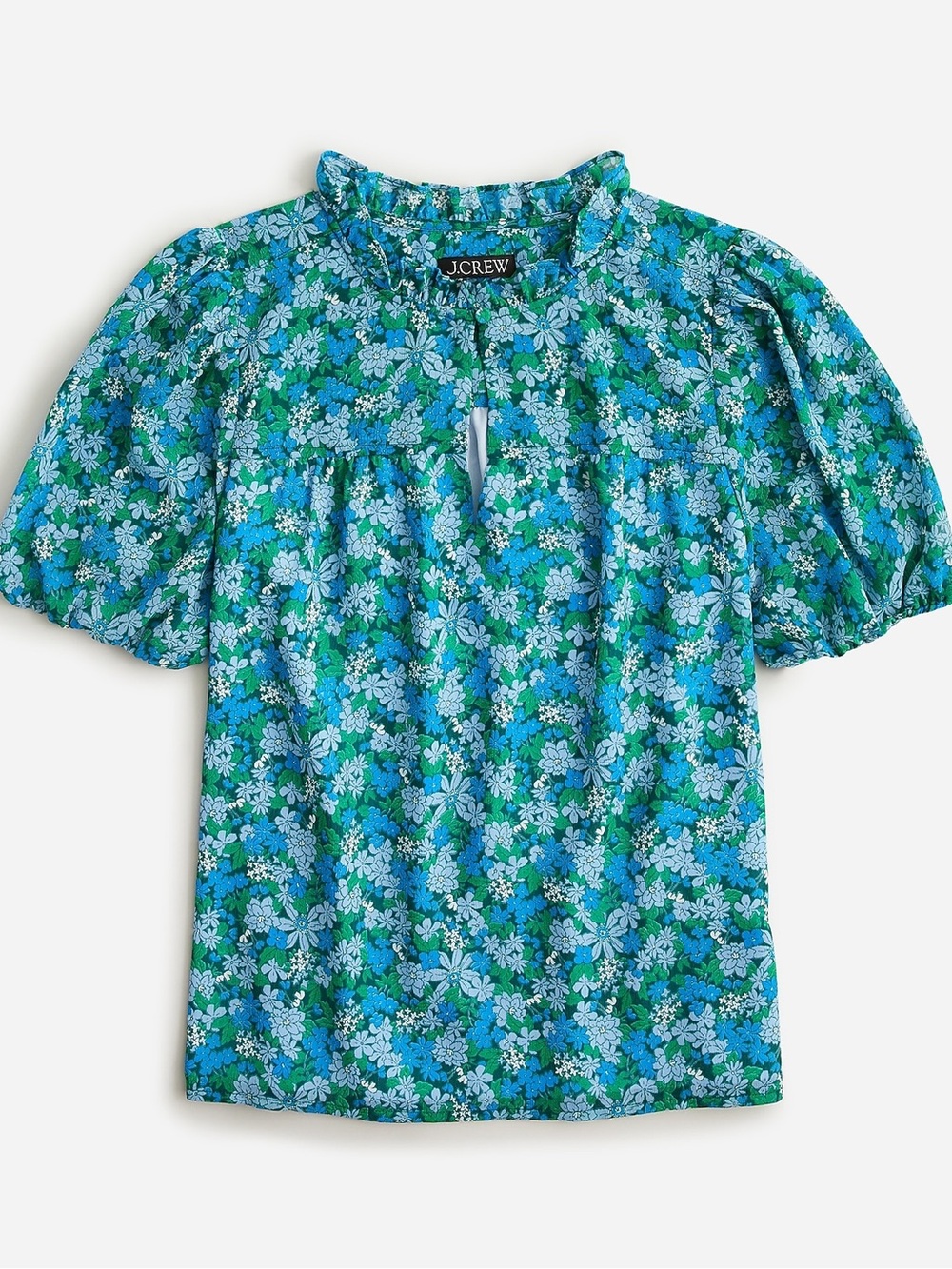 J.Crew Ruffle-Trim Short-Sleeve Top Hyacinth Fields L Blue Green Floral Blouse